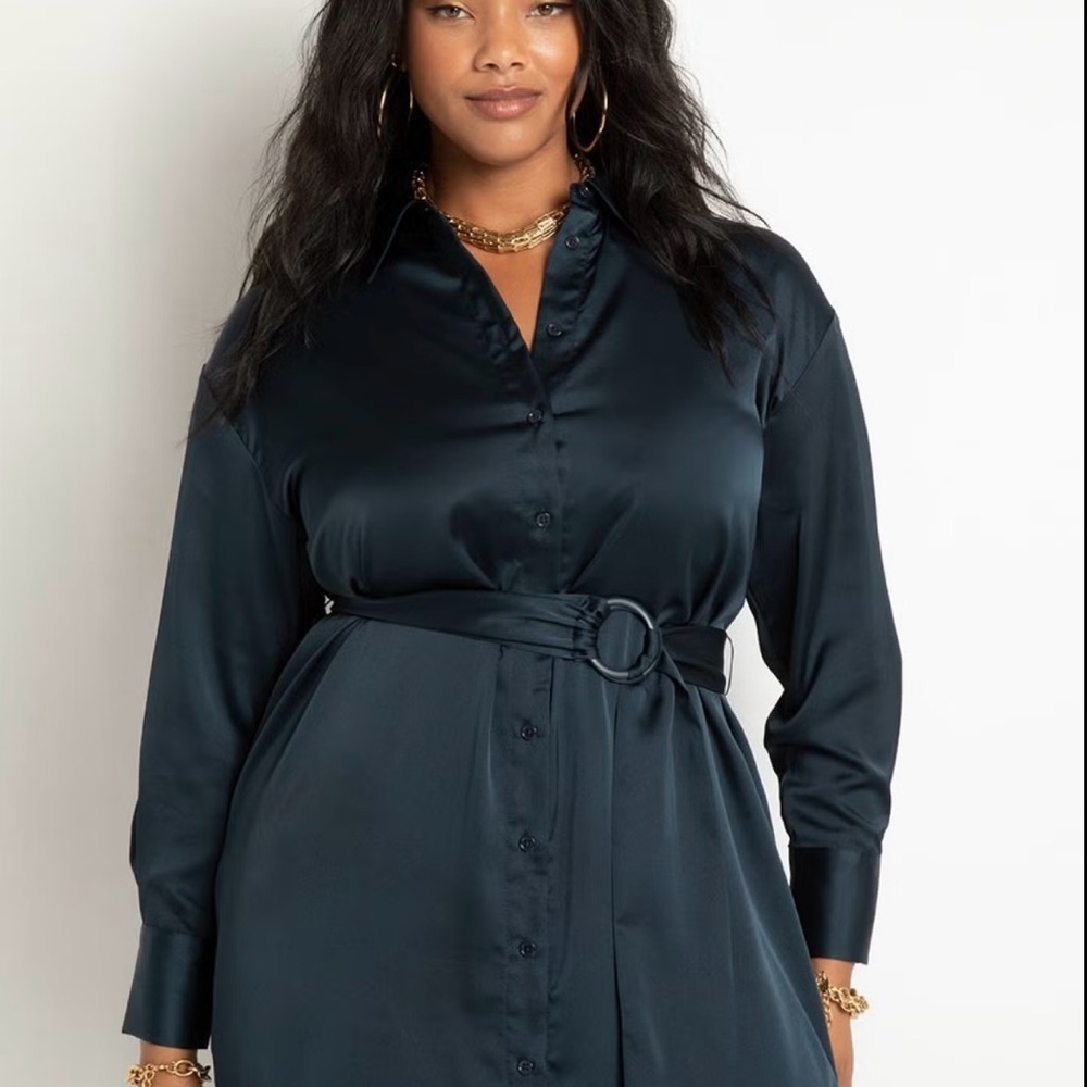 ELOQUII Satin Button Down Maxi Shirtdress - Straight Fit, Size 28